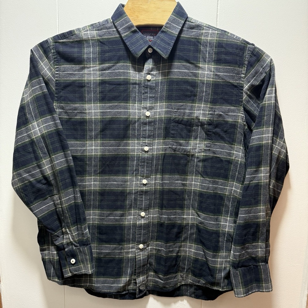 Untuckit Flannel Long Sleeve Button Up Blue Green Plaid Men's Size XL